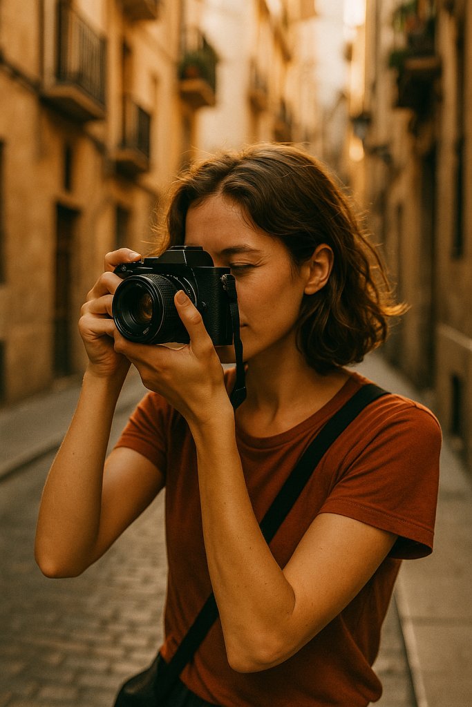 Fotógrafo amateur tomando fotos en exteriores urbanos y naturales durante un taller práctico de fotografía callejera y creativa