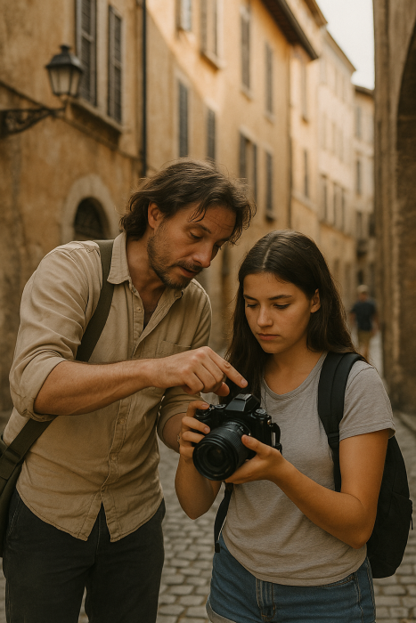 Fotógrafo profesional dando instrucciones prácticas a una persona amateur durante un taller de fotografía callejera