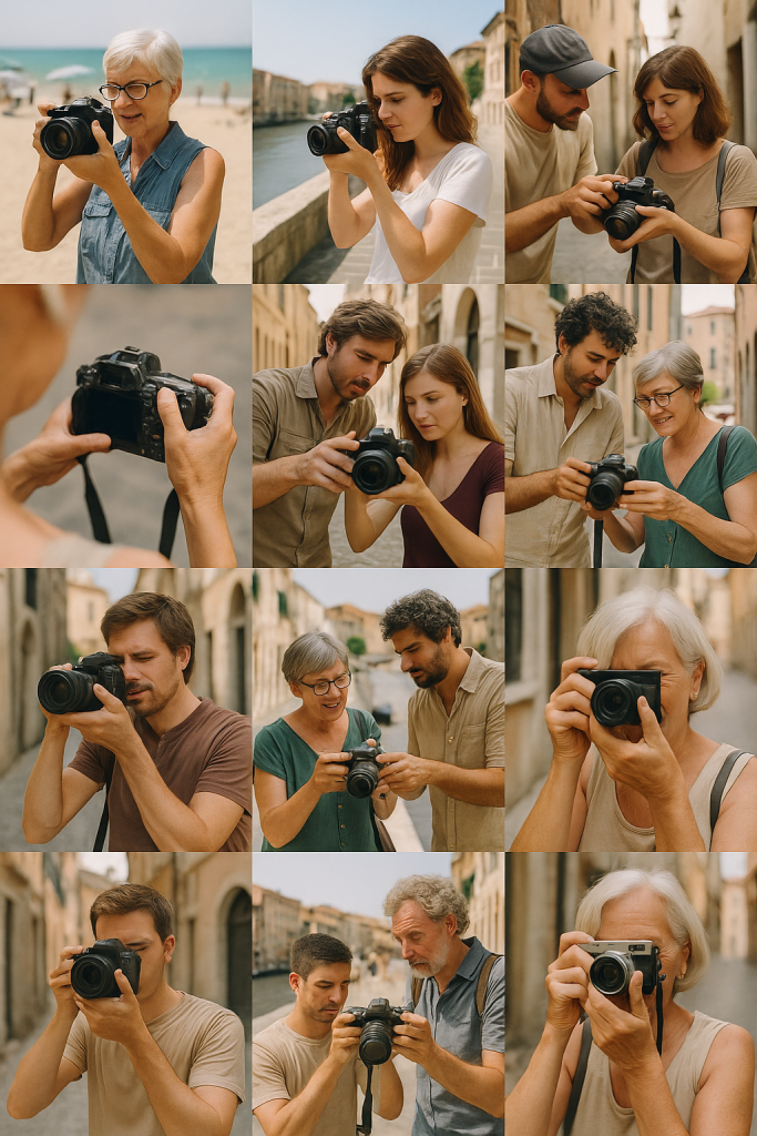 Grupo de fotógrafos tomando fotos en un recorrido guiado por calles europeas