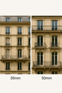 Imagen de un objetivo 35mm y otro 50mm junto a una cámara para fotografía de calle