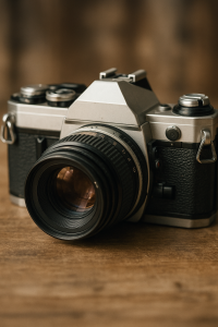 Imagen de una cámara análoga clásica utilizada para fotografía con rollo fotográfico, ideal para retratar escenas urbanas con estilo vintage