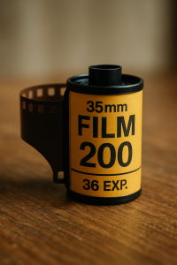 Primer plano de un rollo fotográfico de 35mm utilizado en cámaras análogas para capturar imágenes en film