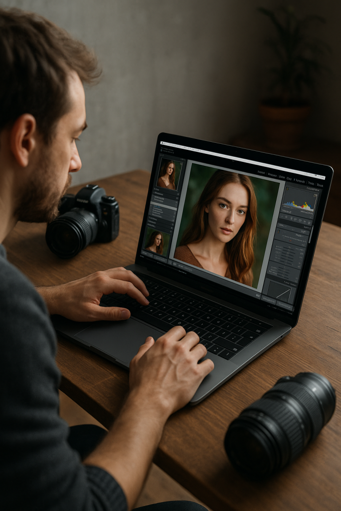 Persona editando fotografías digitales con software Lightroom en un ordenador portátil, ajustando color y contraste