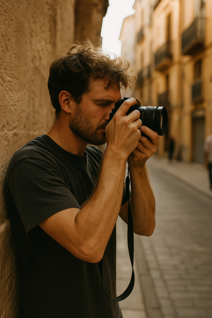 Persona fotografiando escenas urbanas y naturales durante un taller de fotografía callejera.