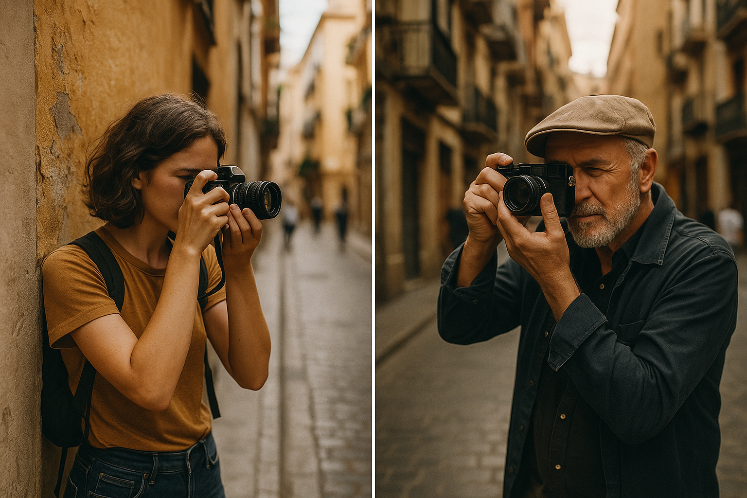 Fotógrafos aficionados practicando encuadres y ajustes de cámara en espacios urbanos y naturales