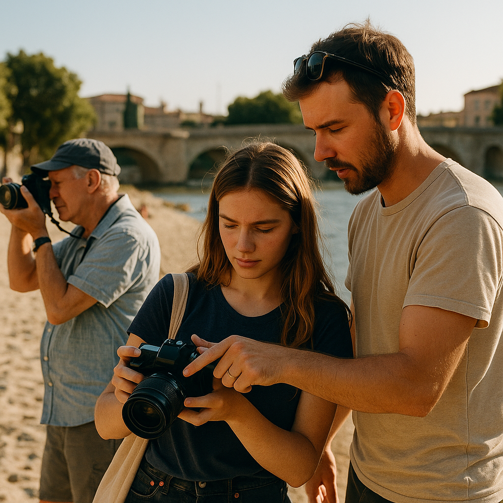 Fotógrafo profesional dando instrucciones prácticas a una persona amateur durante un taller de fotografía callejera